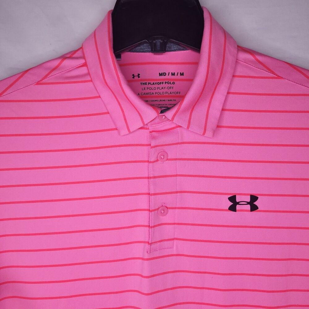 Under Armour Playoff Polo Shirt Mens Medium Striped Pink Golf Performance